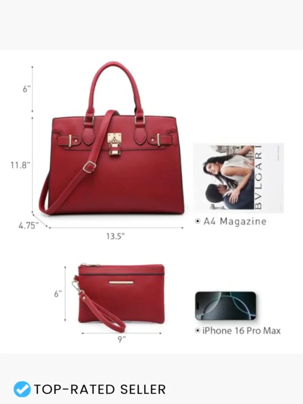 Satchel Handbag Large Tote Work Bag with Matching Clutch Vegan Leather Sturdy